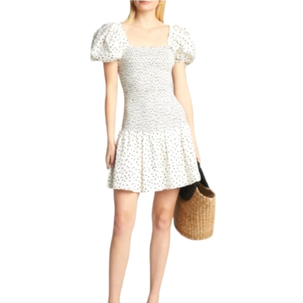 Tanya Taylor Eden Polka Dot Puff Sleeve Smocked Mini Dress Contemporary